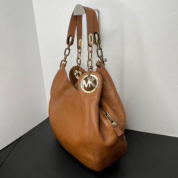 MICHAEL KORS Fulton Brown Pebbled Leather Shoulder Bag Gold Chain Hardware EUC - Picture 2 of 16
